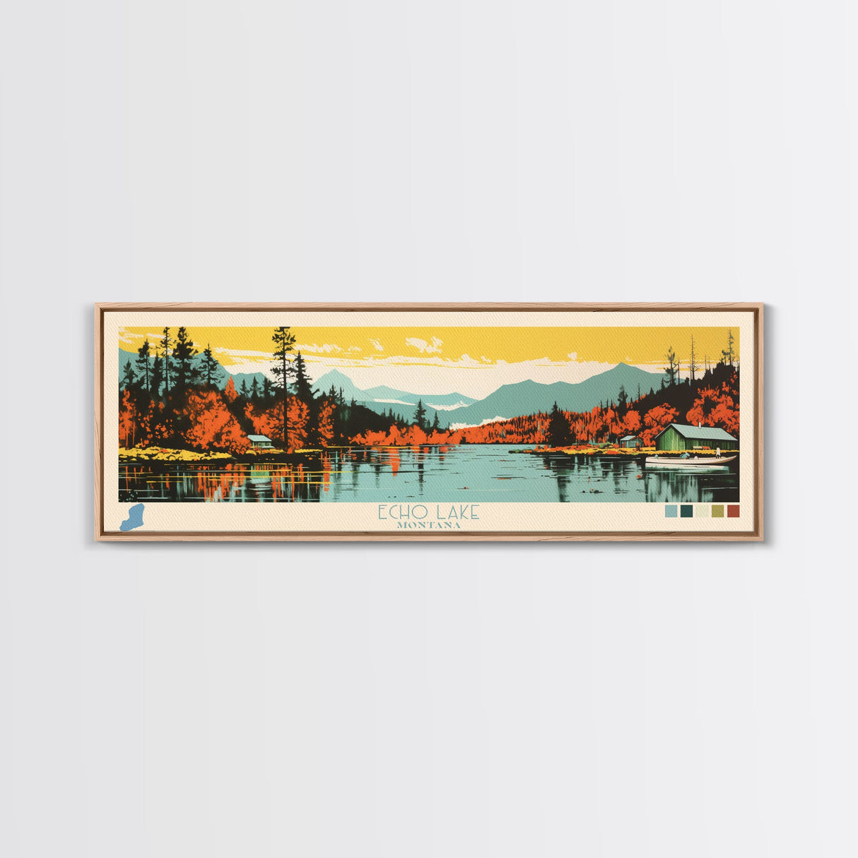 Echo Lake Montana Framed Canvas Print, Panoramic Wall Art, Midcentury Modern, Pop Art, Living Room Decor, Travel Poster, Nature Art