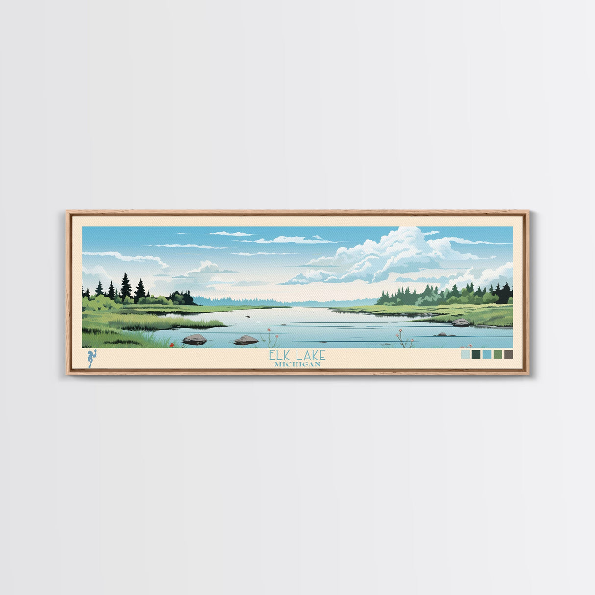 Elk Lake Michigan Framed Canvas Print, Panoramic Wall Art, Midcentury Modern, Pop Art, Bedroom Decor, Travel Poster, Nature Art