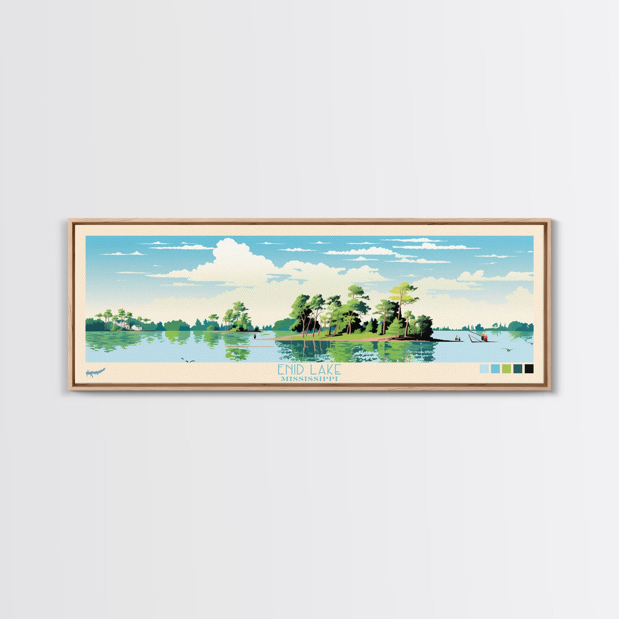 Enid Lake Mississippi Framed Canvas Print, Panoramic Art, Midcentury Modern, Pop Art, Living Room Decor, Travel Poster, Lake Painting