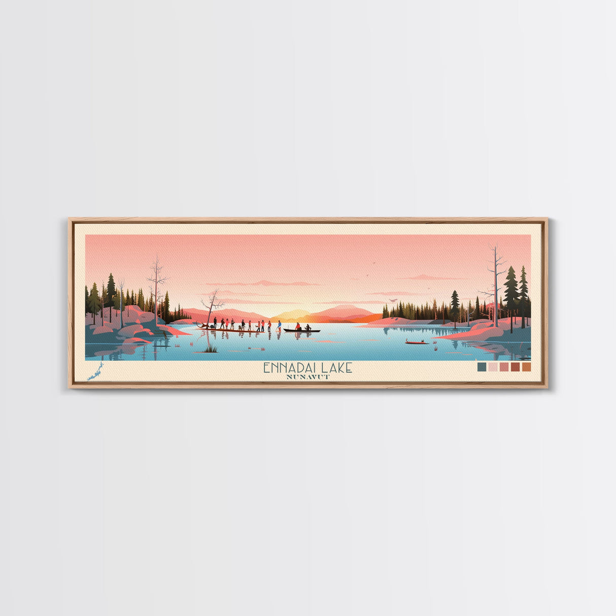 Ennadai Lake Nunavut Framed Canvas Print, Panoramic Wall Art, Midcentury Modern, Pop Art, Bedroom Decor, Travel Poster, Lake View