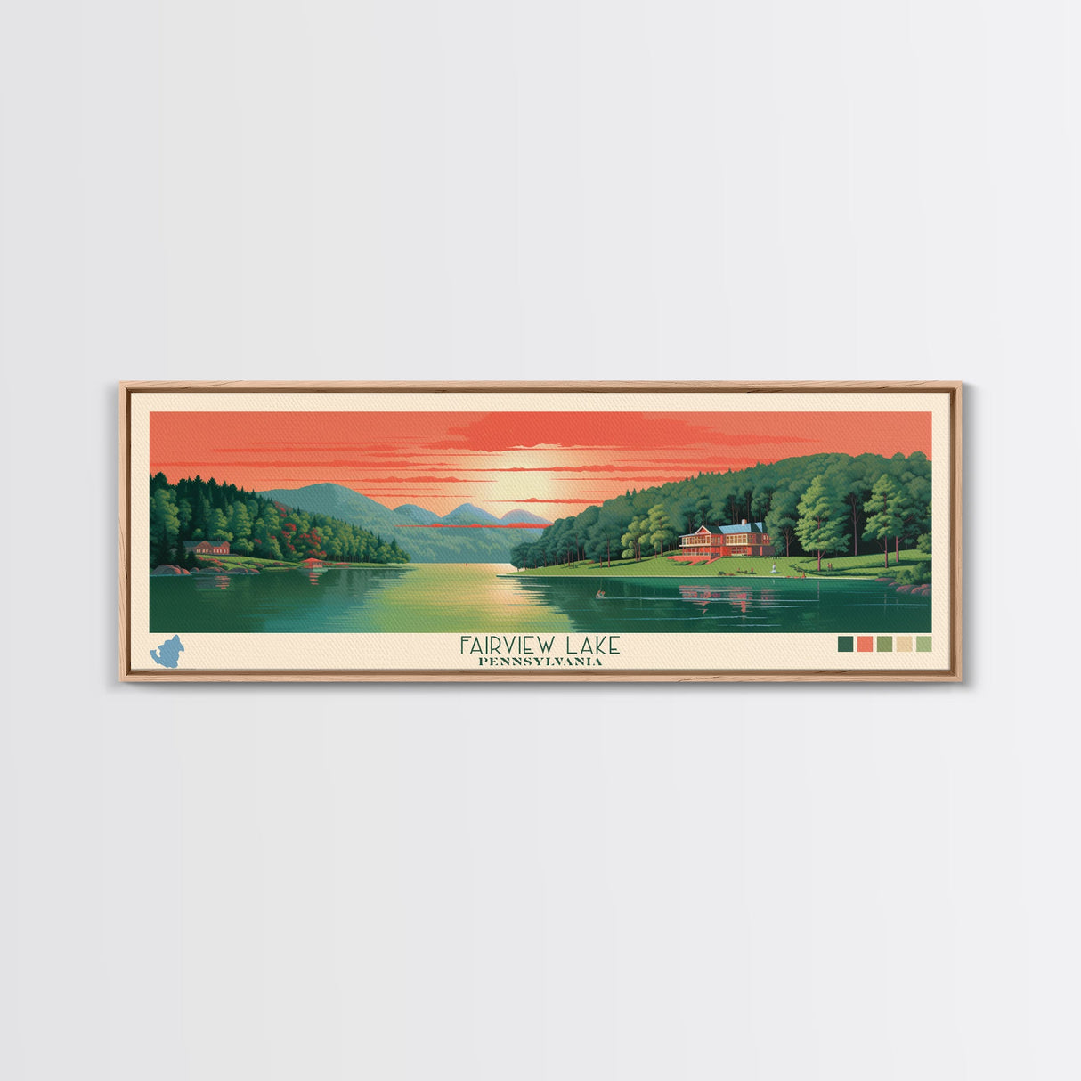 Fairview Lake Pennsylvania Framed Canvas Print, Panoramic Art, Midcentury Modern, Pop Art, Living Room Decor, Travel Poster, Wall Art, Nature Art