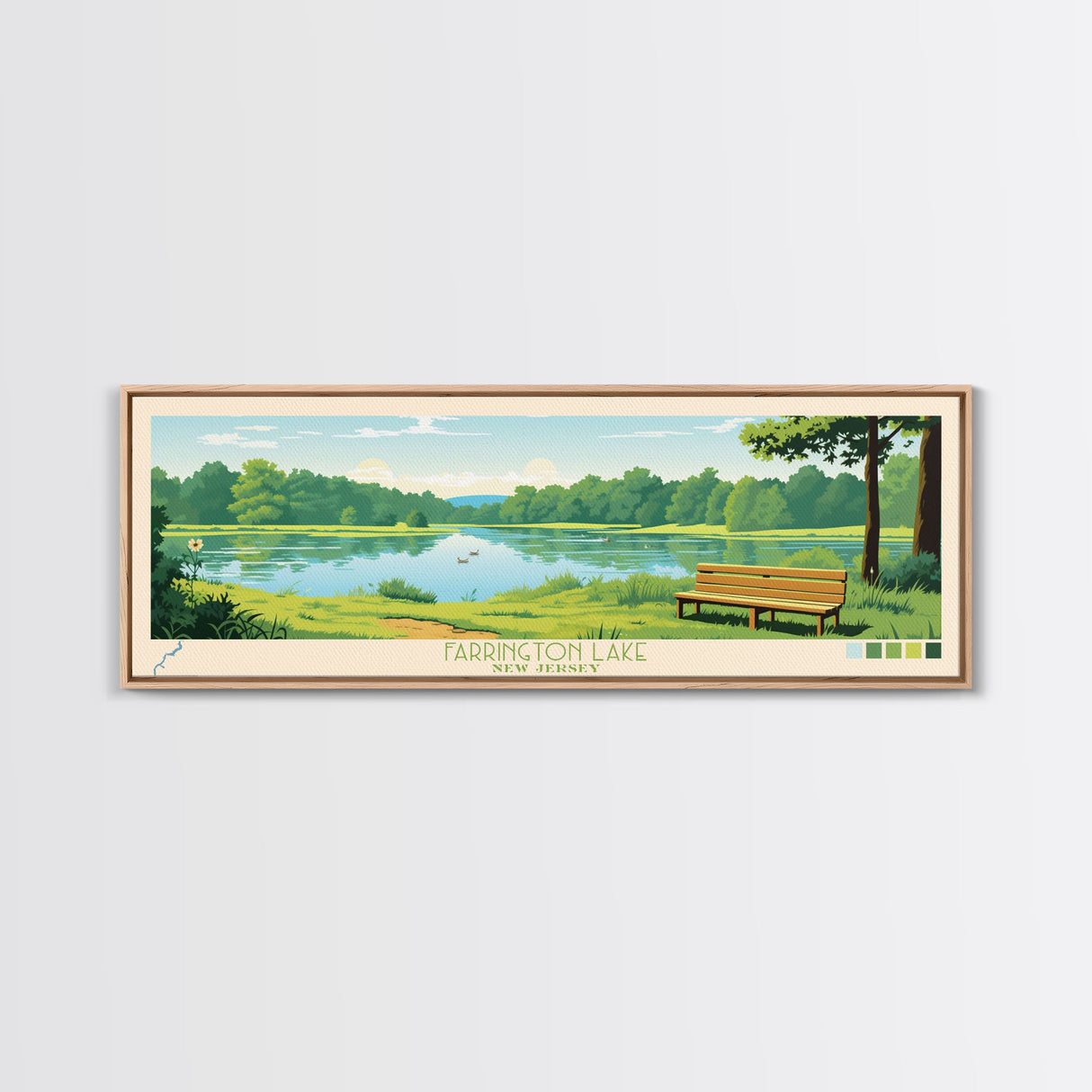 Farrington Lake New Jersey Framed Canvas Print, Panoramic Art, Midcentury Modern, Pop Art, Living Room Wall Art, Travel Poster, Nature Art, Home Decor