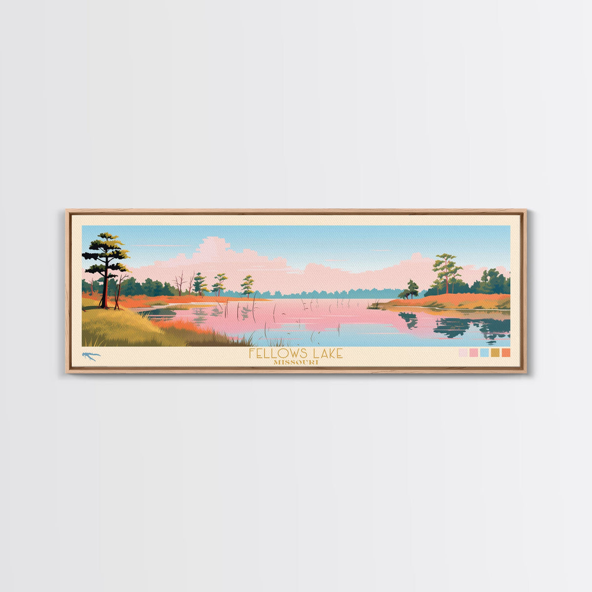 Fellows Lake Missouri Framed Canvas Print, Panoramic Wall Art, Midcentury Modern, Pop Art, Bedroom Decor, Travel Poster, Artistic Decor, Nature Painting