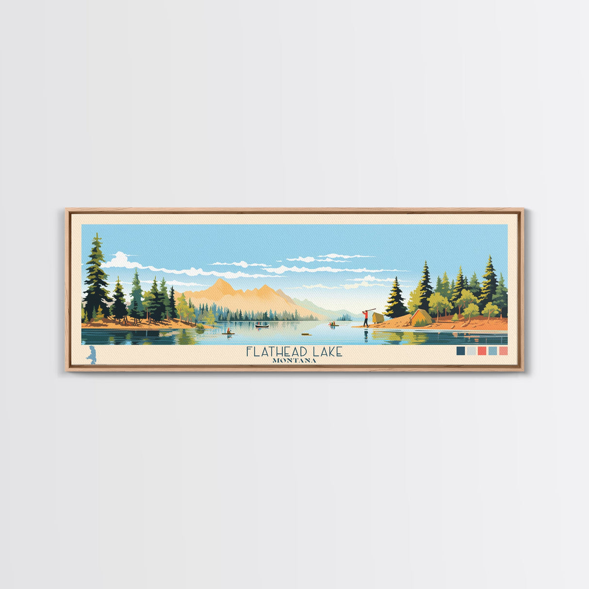 Flathead Lake Montana Framed Canvas Print, Panoramic Wall Art, Midcentury Modern, Pop Art, Bedroom Decor, Travel Poster, Nature Painting, Artistic Decor