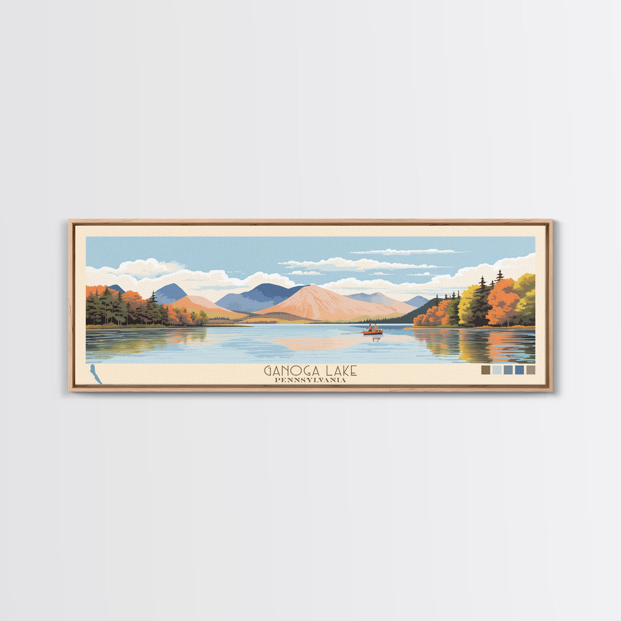 Ganoga Lake Pennsylvania Framed Canvas Print, Panoramic Art, Midcentury Modern, Pop Art, Living Room Wall Art, Travel Poster, Nature Painting, Home Decor