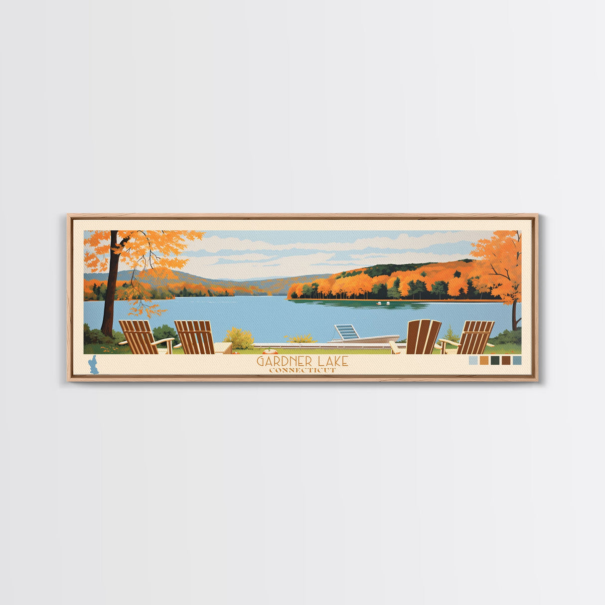 Gardner Lake Connecticut Framed Canvas Print, Panoramic Wall Art, Midcentury Modern, Pop Art, Bedroom Decor, Travel Poster, Lake View, Artistic Decor