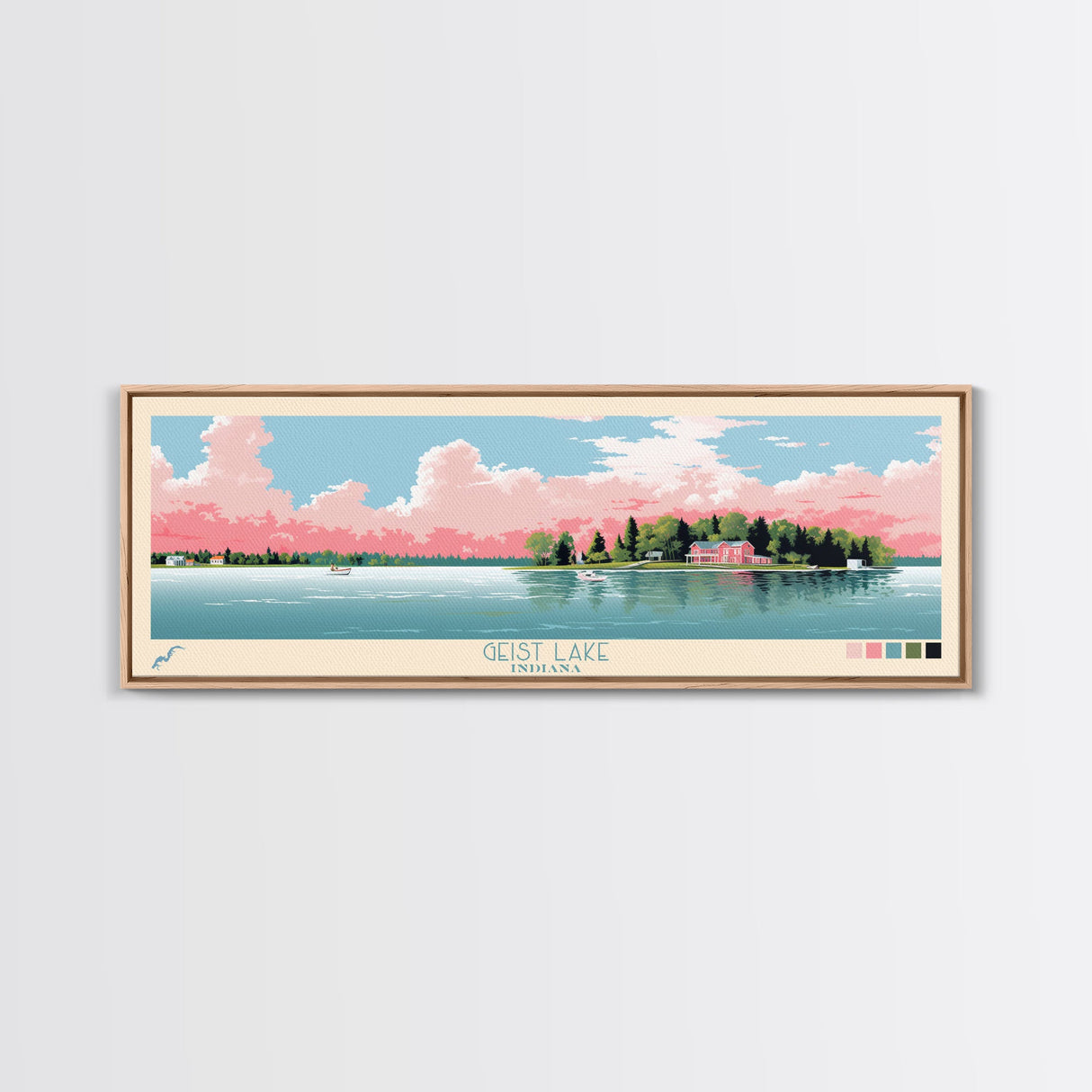 Geist Lake Indiana Framed Canvas Print, Panoramic Art, Midcentury Modern, Pop Art, Living Room Decor, Travel Poster, Nature Art, Wall Art