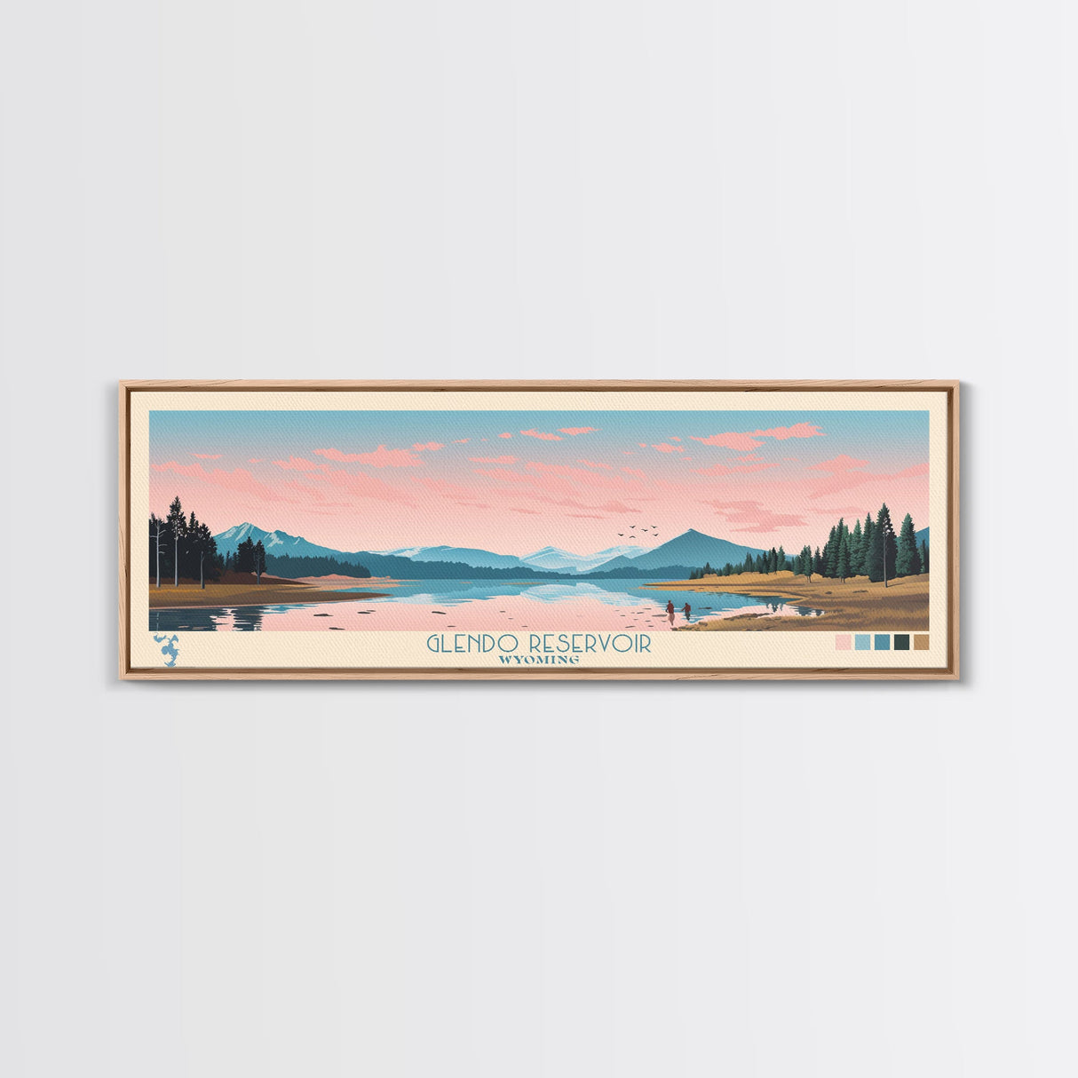 Glendo Reservoir Wyoming Framed Canvas Print, Panoramic Art, Midcentury Modern, Pop Art, Bedroom Decor, Travel Poster, Nature Painting, Home Decor