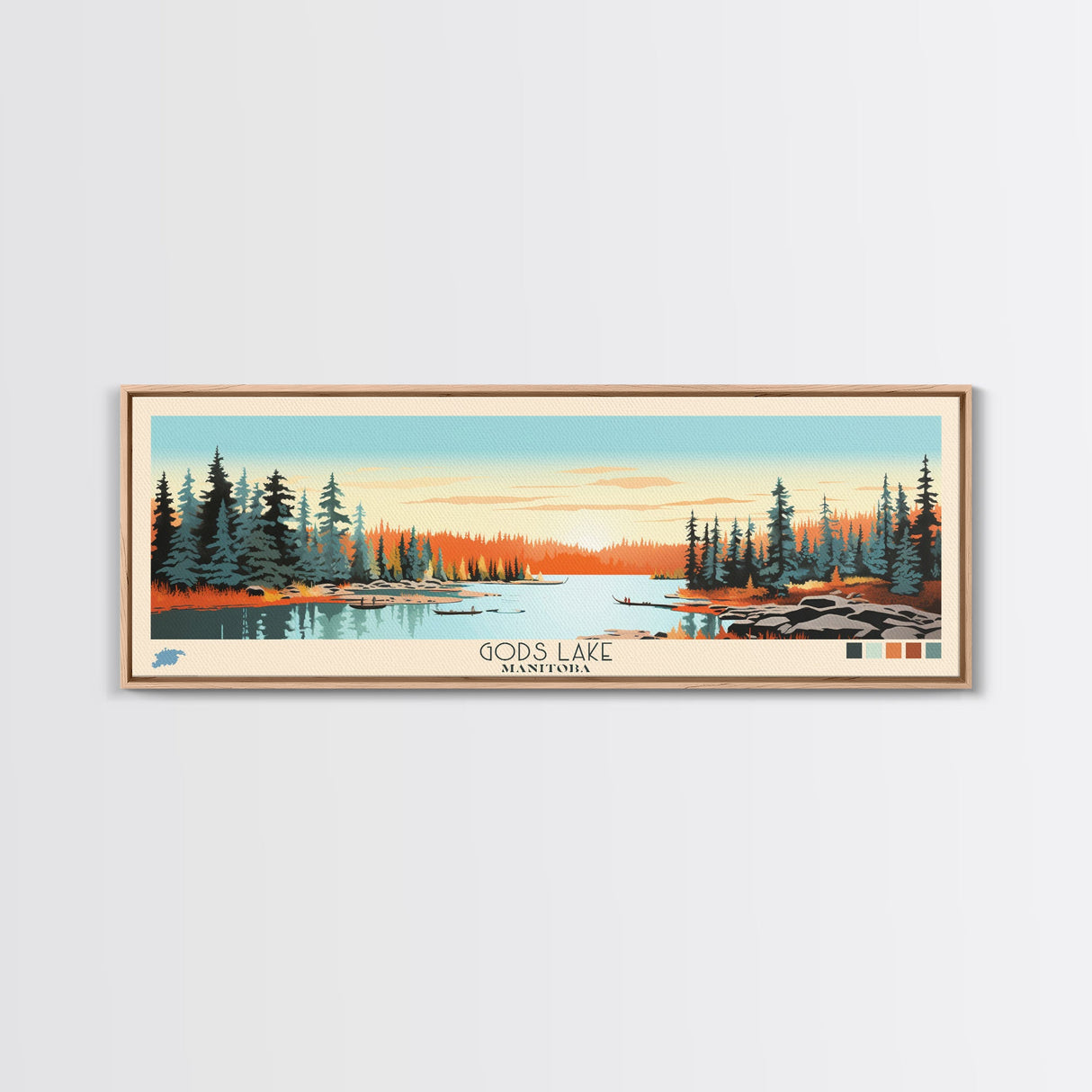 Gods Lake Manitoba Framed Canvas Print, Panoramic Art, Midcentury Modern, Pop Art, Bedroom Decor, Travel Poster, Nature Art, Lake House Art