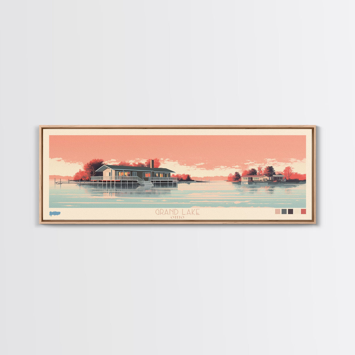 Grand Lake St. Marys Ohio Framed Canvas Print, Panoramic Art, Midcentury Modern, Pop Art, Bedroom Decor, Travel Poster, Lake House Art, Wall Art