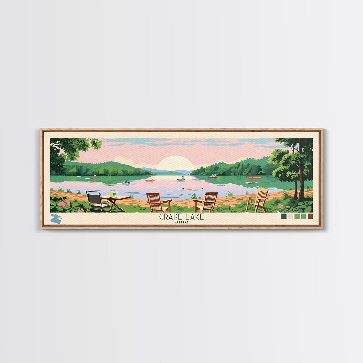 Grape Lake Ohio Framed Canvas Print, Panoramic Wall Art, Midcentury Modern, Pop Art, Living Room Wall Art, Travel Poster, Artistic Decor, Nature Art