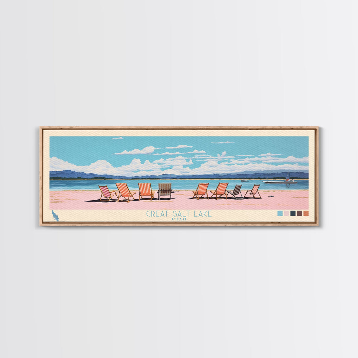 Great Salt Lake Utah Framed Canvas Print, Panoramic Wall Art, Midcentury Modern, Pop Art, Living Room Wall Art, Travel Poster, Nature Art, Artistic Decor