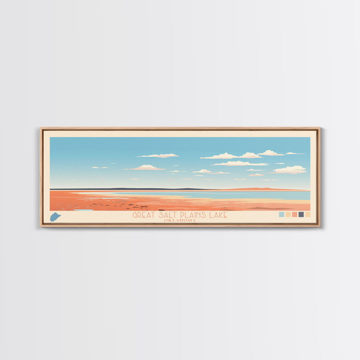 Great Salt Plains Lake Oklahoma Framed Canvas Print, Panoramic Art, Midcentury Modern, Pop Art, Bedroom Decor, Travel Poster, Lake House Art, Wall Art