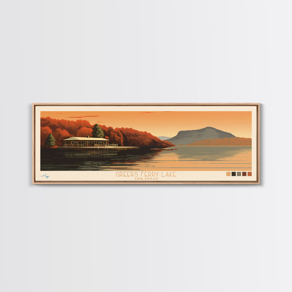 Greers Ferry Lake Arkansas Framed Canvas Print, Panoramic Wall Art, Midcentury Modern, Pop Art, Living Room Decor, Travel Poster, Artistic Decor