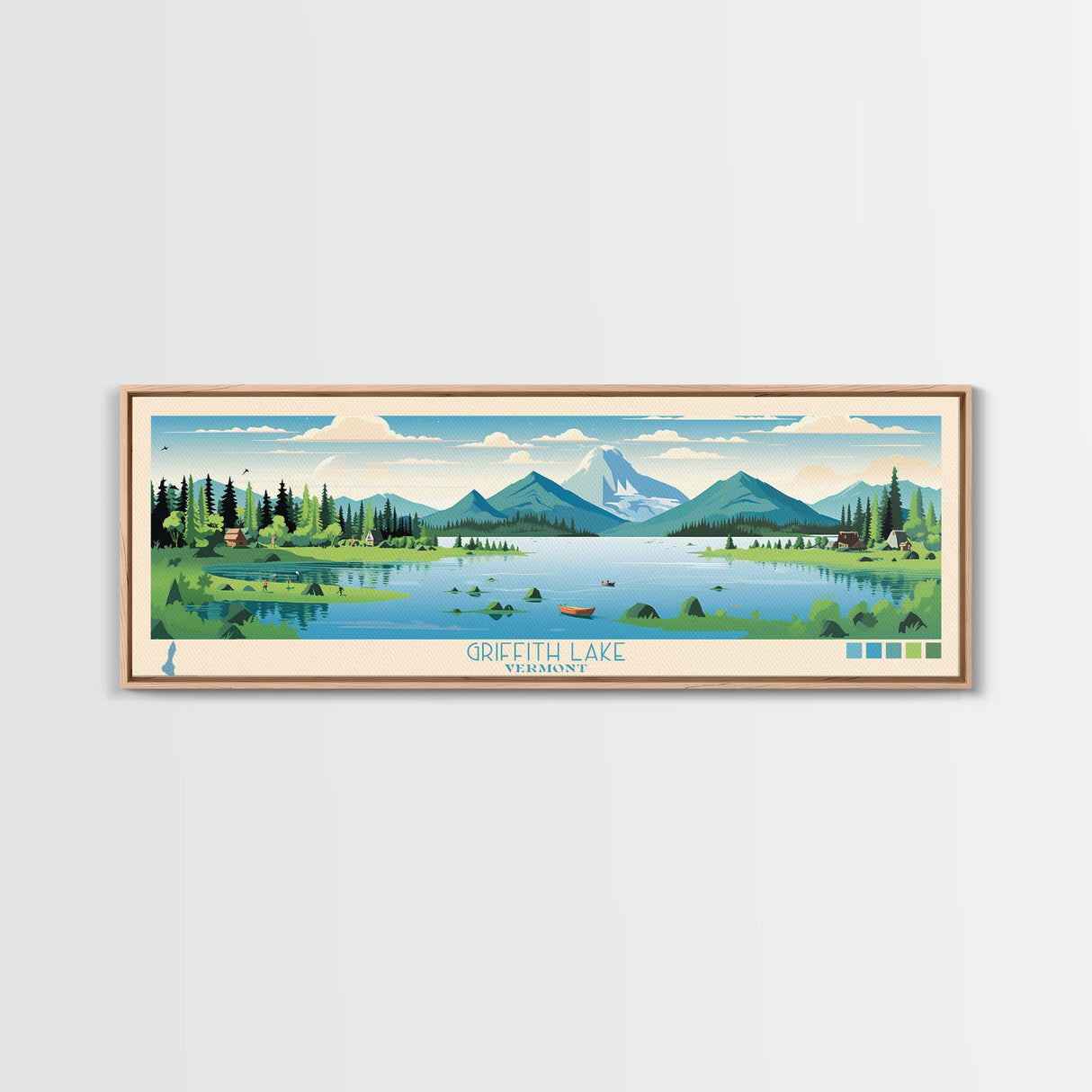 Griffith Lake Vermont Framed Canvas Print, Panoramic Wall Art, Midcentury Modern, Pop Art, Living Room Wall Art, Travel Poster, Lake View, Nature Art