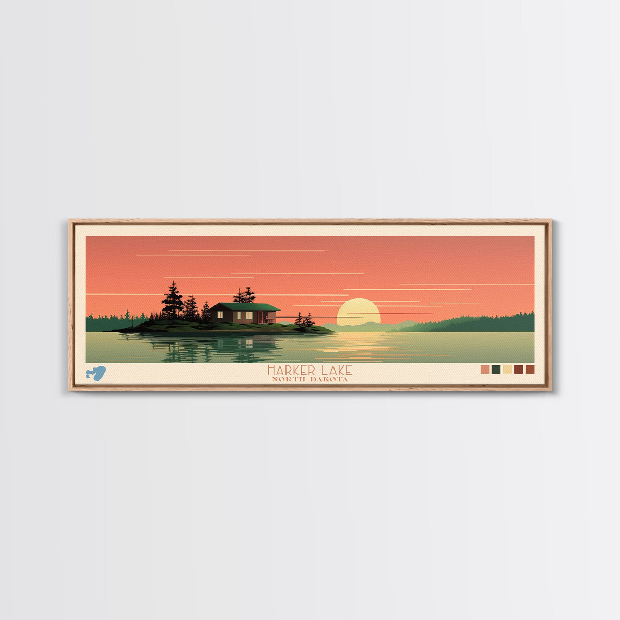 Harker Lake North Dakota Framed Canvas Print, Panoramic Wall Art, Midcentury Modern, Pop Art, Living Room Decor, Travel Poster, Lake House Art, Nature Art