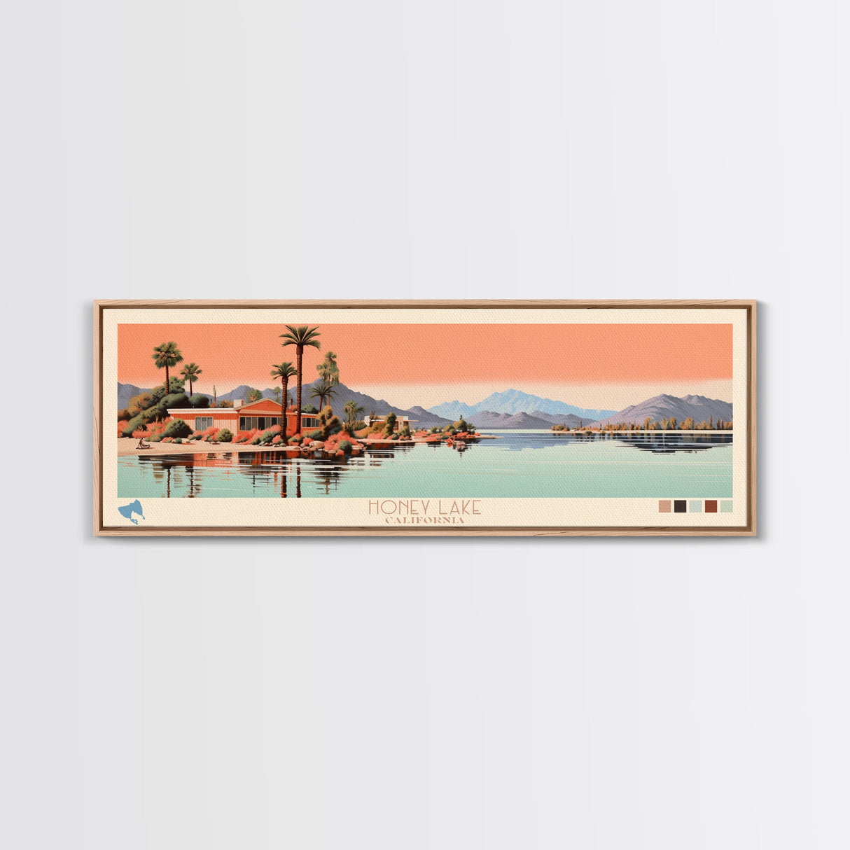 Honey Lake California Framed Canvas Print, Panoramic Art, Midcentury Modern, Pop Art, Living Room Wall Art, Travel Poster, Nature Decor