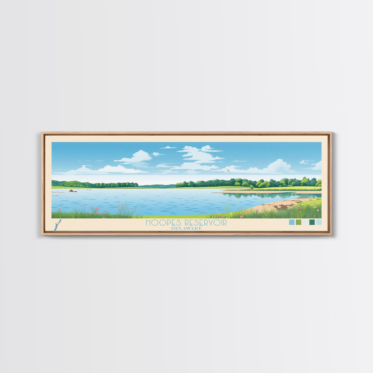 Hoopes Reservoir Delaware Framed Canvas Print, Panoramic Wall Art, Midcentury Modern, Pop Art, Lake House Art, Travel Poster, Bedroom Decor