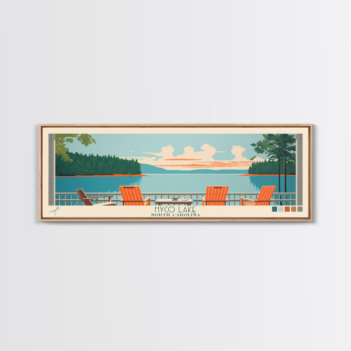 Hyco Lake North Carolina Framed Canvas Print, Panoramic Art, Midcentury Modern, Pop Art, Living Room Wall Art, Travel Poster, Lake House Art