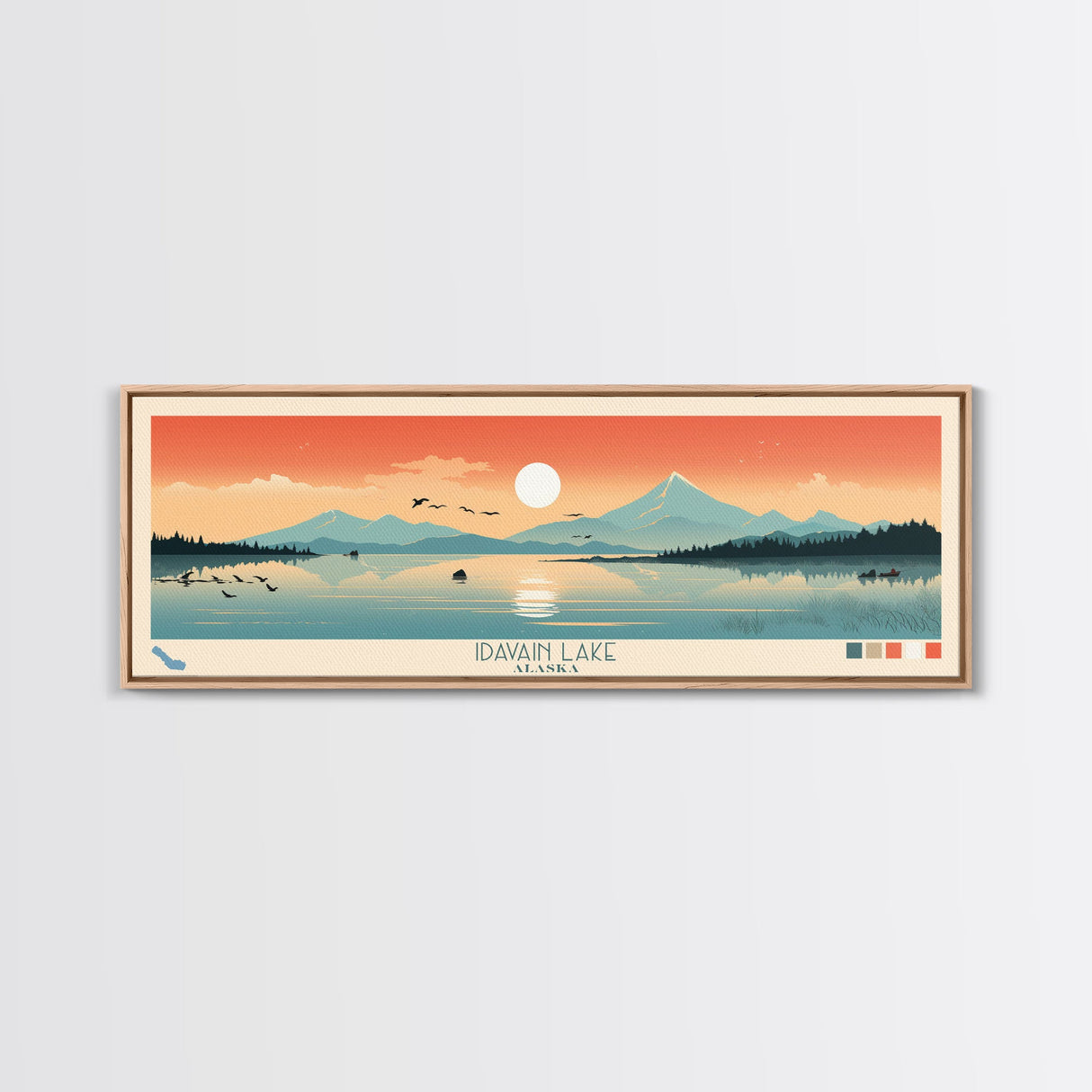 Idavain Lake Alaska Framed Canvas Print, Panoramic Wall Art, Midcentury Modern, Pop Art, Bedroom Decor, Travel Poster, Nature Art