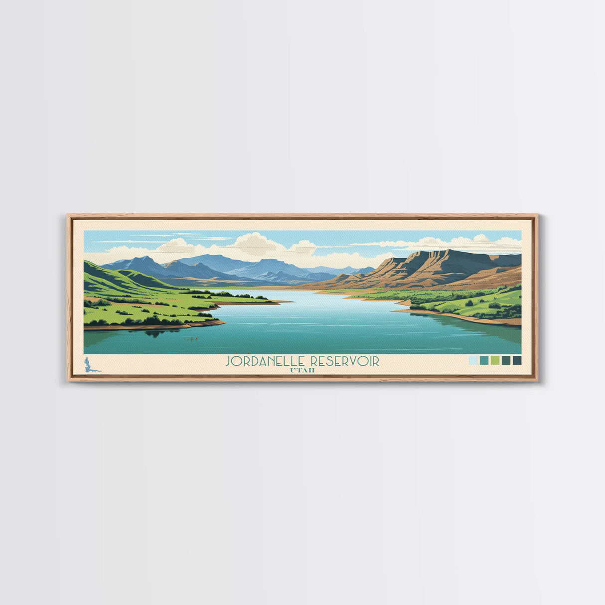 Jordanelle Reservoir Utah Framed Canvas Print, Panoramic Art, Midcentury Modern, Pop Art, Living Room Wall Art, Travel Poster, Nature Decor