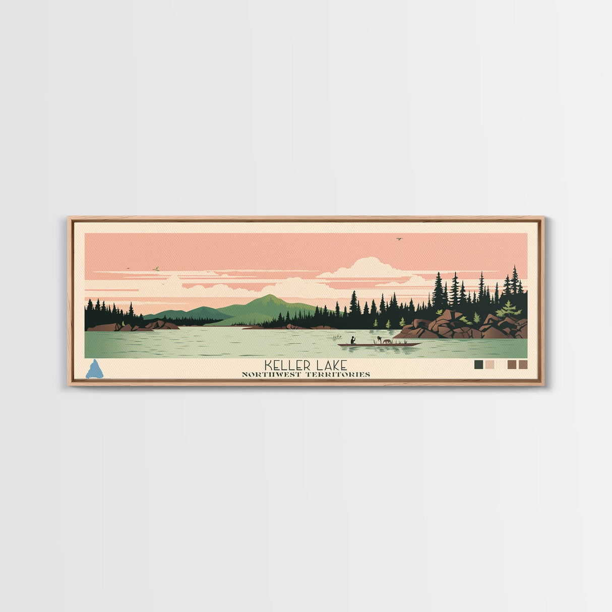 Keller Lake Northwest Territories Framed Canvas Print, Panoramic Art, Midcentury Modern, Pop Art, Living Room Wall Art, Travel Poster, Lake House Art