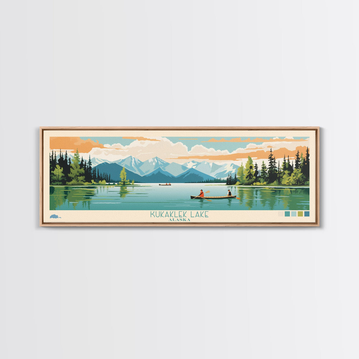 Kukaklek Lake Alaska Framed Canvas Print, Panoramic Wall Art, Midcentury Modern, Pop Art, Living Room Decor, Travel Poster, Bedroom Art