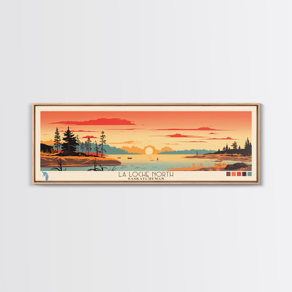 La Loche North Saskatchewan Framed Canvas Print, Panoramic Wall Art, Midcentury Modern, Pop Art, Lake House Decor, Travel Poster, Living Room Art