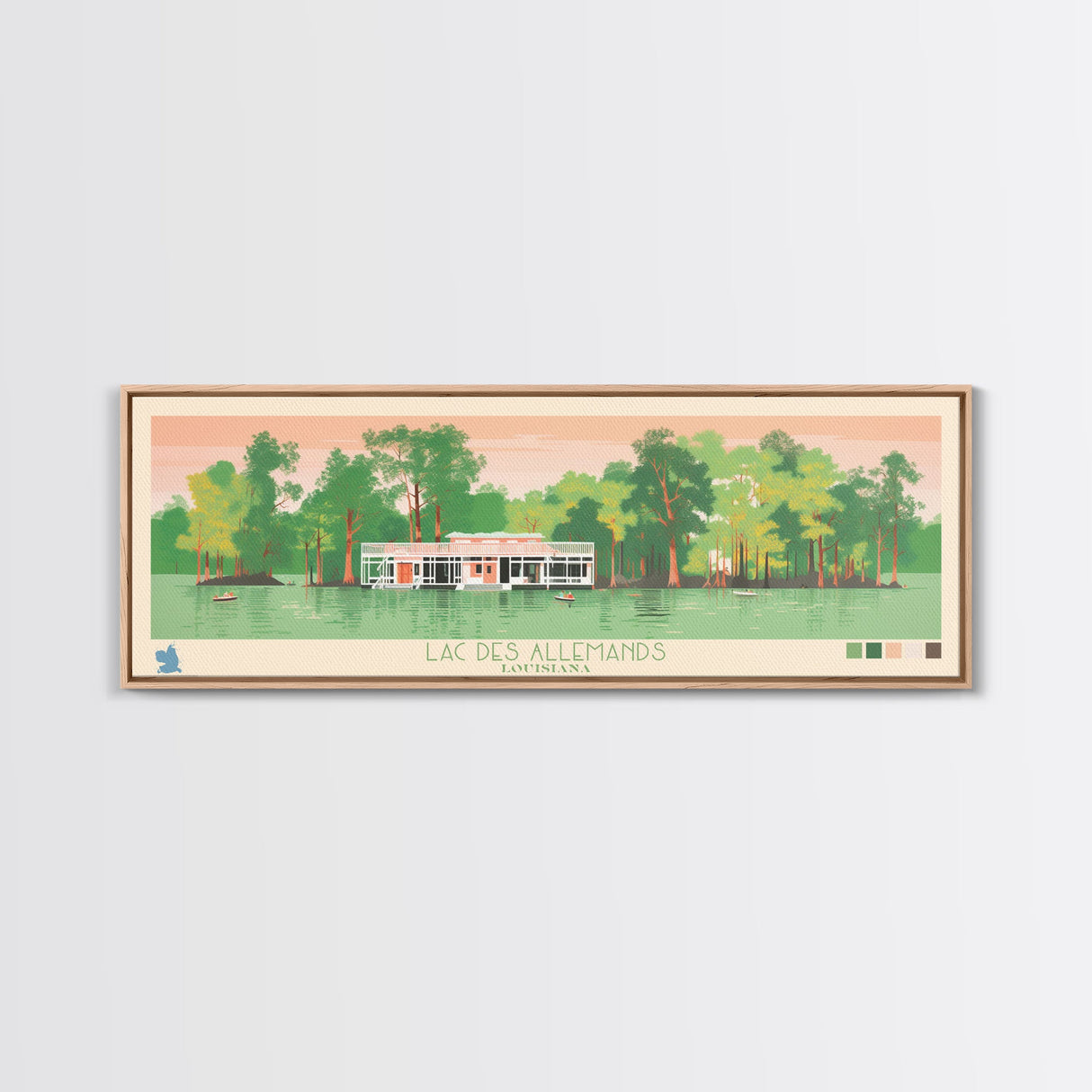 Lac des Allemands Louisiana Framed Canvas Print, Panoramic Art, Midcentury Modern, Pop Art, Living Room Wall Art, Travel Poster, Lake House Decor