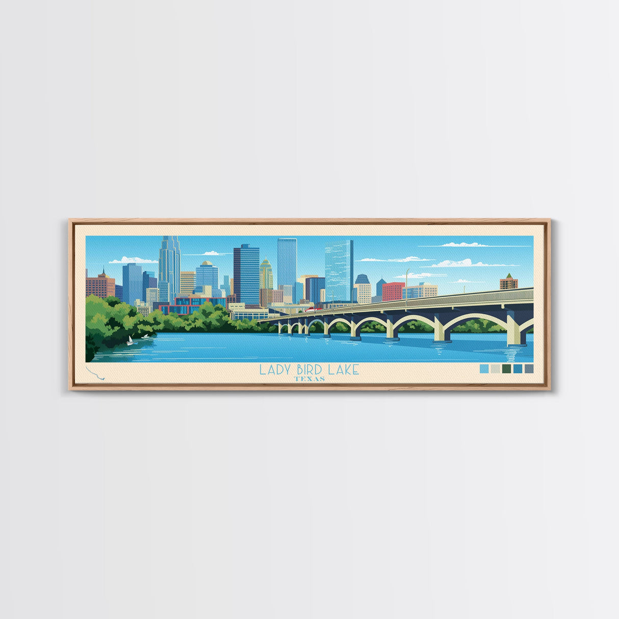 Lady Bird Lake Texas Framed Canvas Print, Panoramic Art, Midcentury Modern, Pop Art, Living Room Wall Art, Travel Poster, Lake House Decor