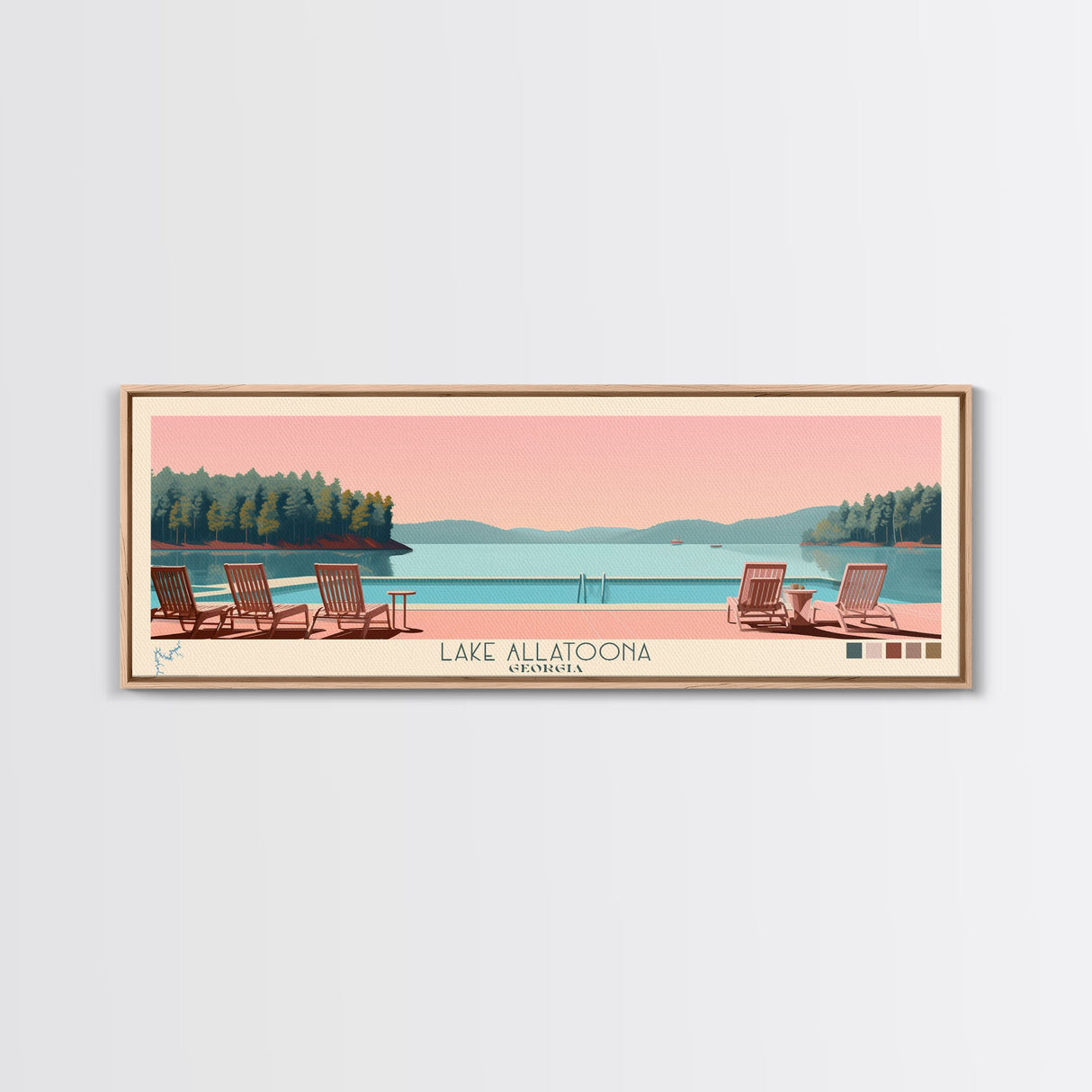 Lake Allatoona Georgia Framed Canvas Print, Panoramic Wall Art, Midcentury Modern, Pop Art, Living Room Decor, Travel Poster, Bedroom Art