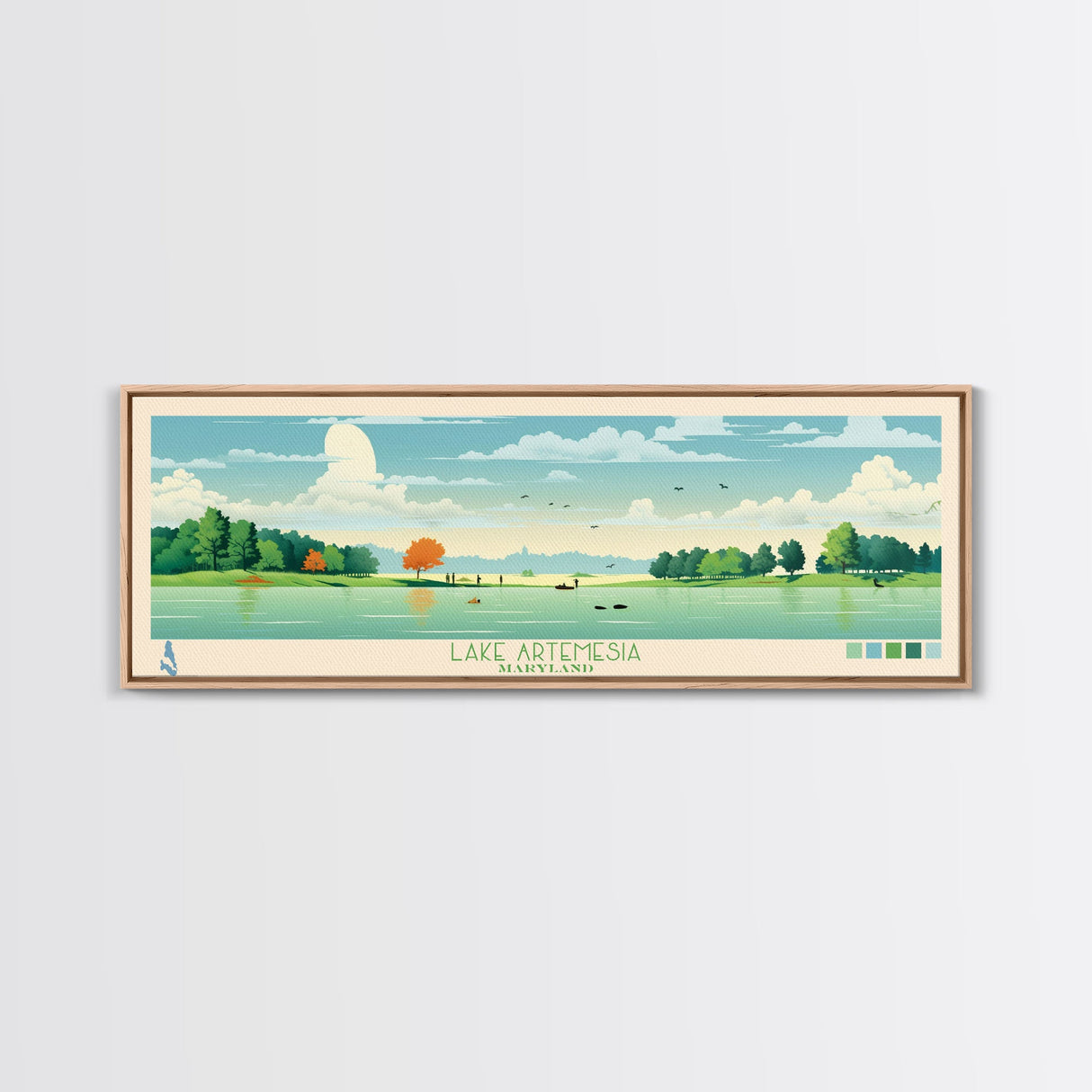 Lake Artemesia Maryland Framed Canvas Print, Panoramic Wall Art, Midcentury Modern, Pop Art, Bedroom Decor, Travel Poster, Living Room Art