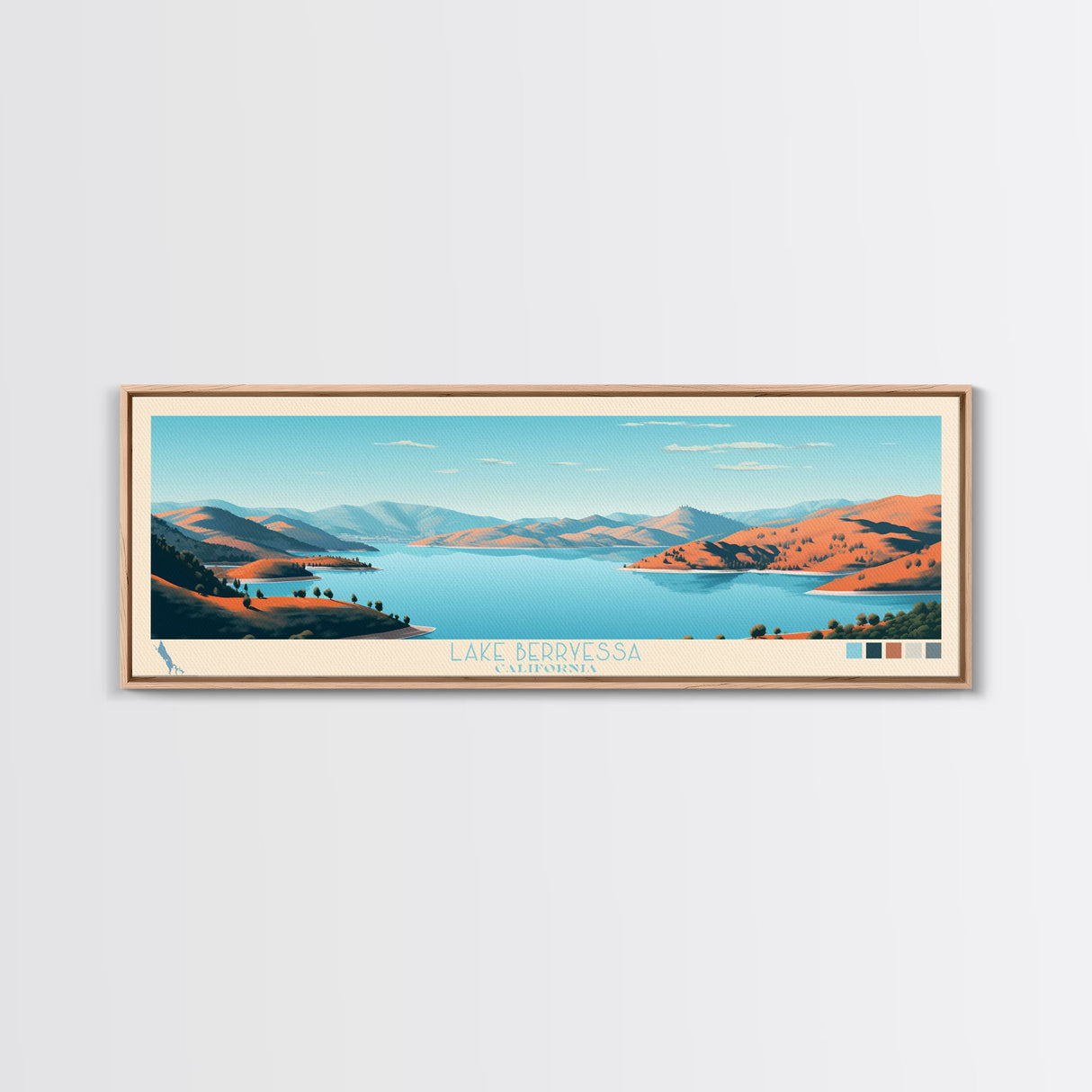 Lake Berryessa California Framed Canvas Print, Panoramic Wall Art, Midcentury Modern, Pop Art, Bedroom Decor, Travel Poster, Living Room Art