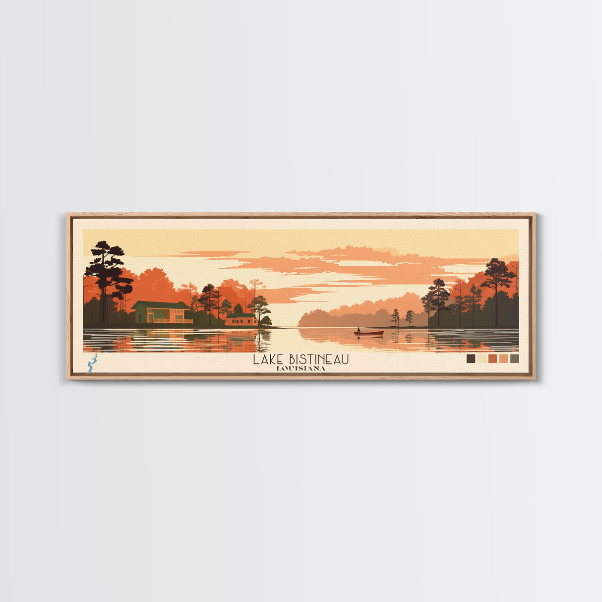 Lake Bistineau Louisiana Framed Canvas Print, Panoramic Art, Midcentury Modern, Pop Art, Living Room Wall Art, Travel Poster, Lake House Decor