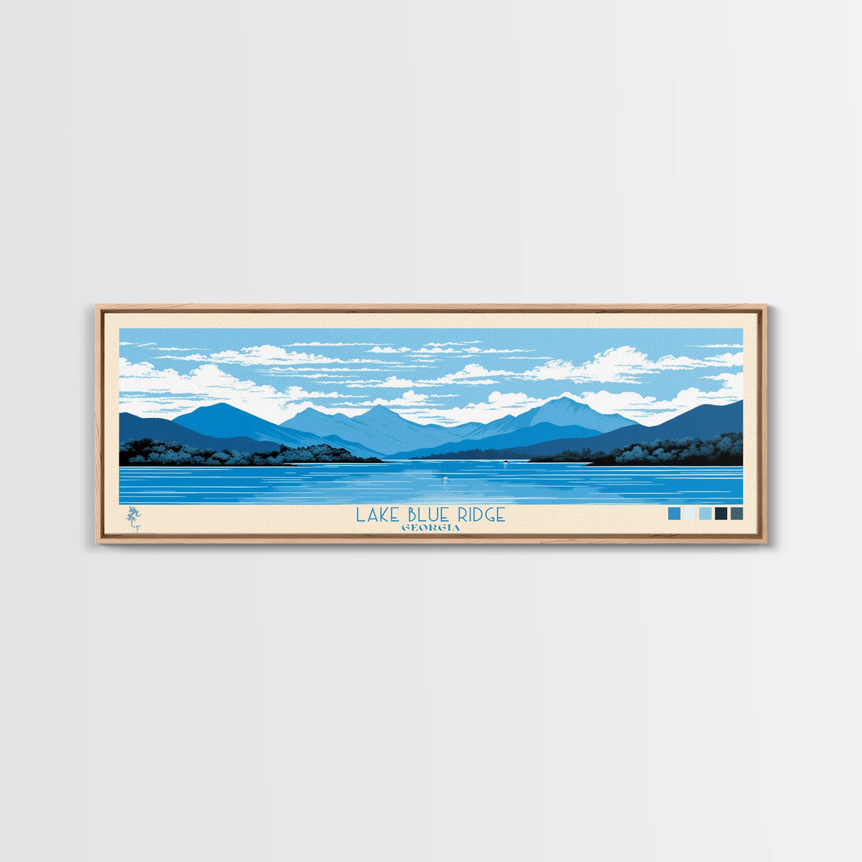 Lake Blue Ridge Georgia Framed Canvas Print, Panoramic Art, Midcentury Modern, Pop Art, Living Room Wall Art, Travel Poster, Lake House Decor