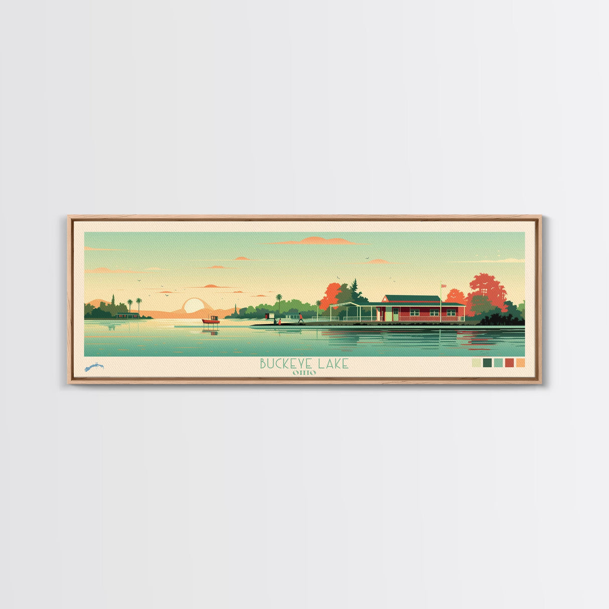 Lake Buckeye Framed Canvas Print, Panoramic Art, Midcentury Modern, Pop Art, Living Room Wall Art, Travel Poster, Lake House Decor