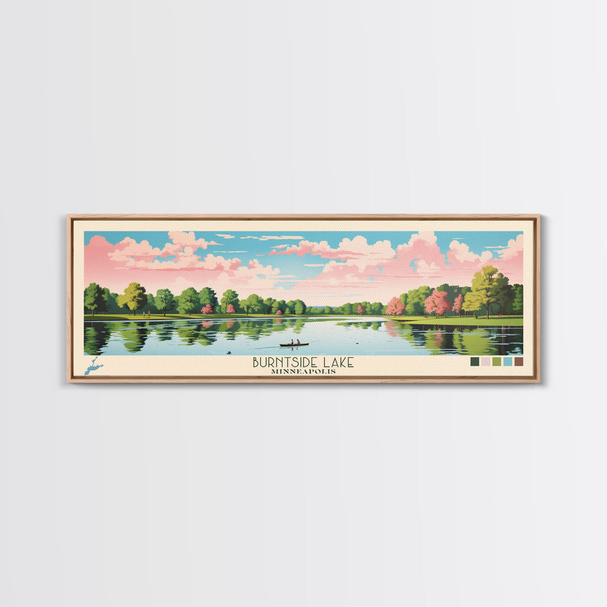 Lake Burntside Framed Canvas Print, Panoramic Art, Midcentury Modern, Pop Art, Living Room Wall Art, Travel Poster, Lake House Decor