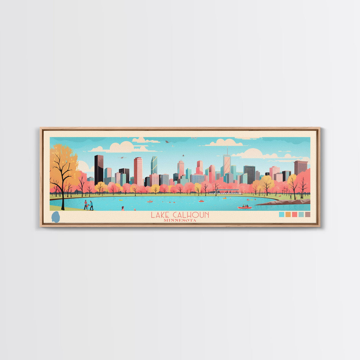 Lake Calhoun Minnesota Framed Canvas Print, Panoramic Wall Art, Midcentury Modern, Pop Art, Bedroom Decor, Travel Poster, Living Room Art