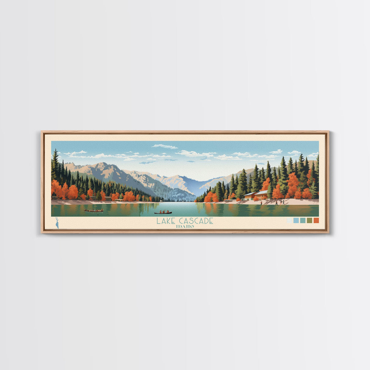 Lake Cascade Idaho Framed Canvas Print, Panoramic Art, Midcentury Modern, Pop Art, Living Room Wall Art, Travel Poster, Lake House Decor