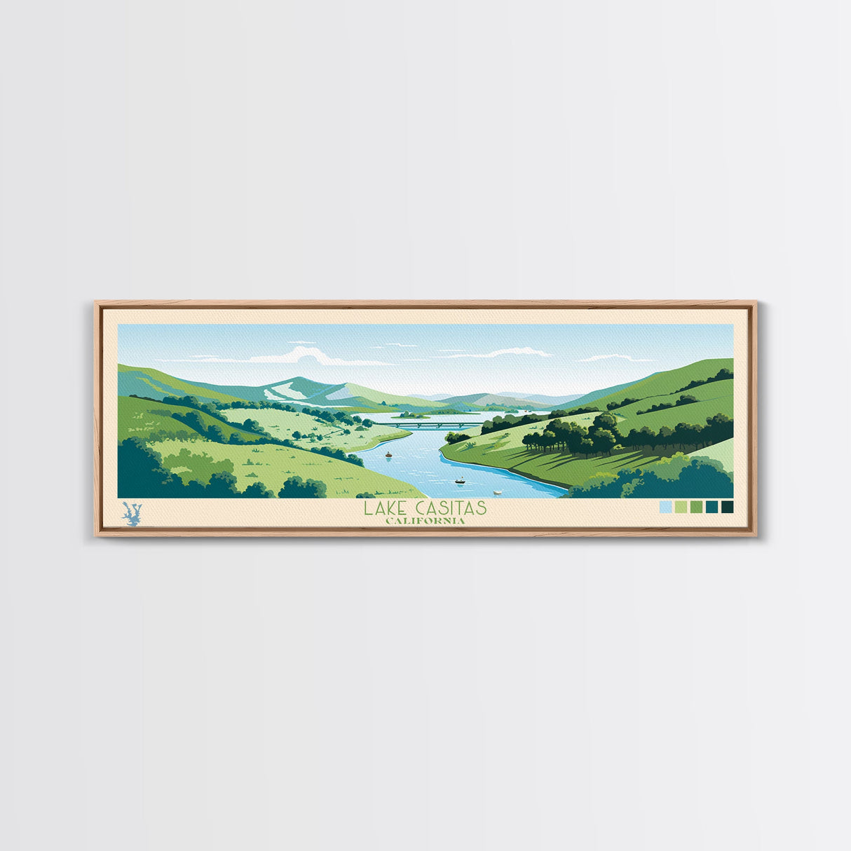 Lake Casitas California Framed Canvas Print, Panoramic Wall Art, Midcentury Modern, Pop Art, Bedroom Decor, Travel Poster, Living Room Art