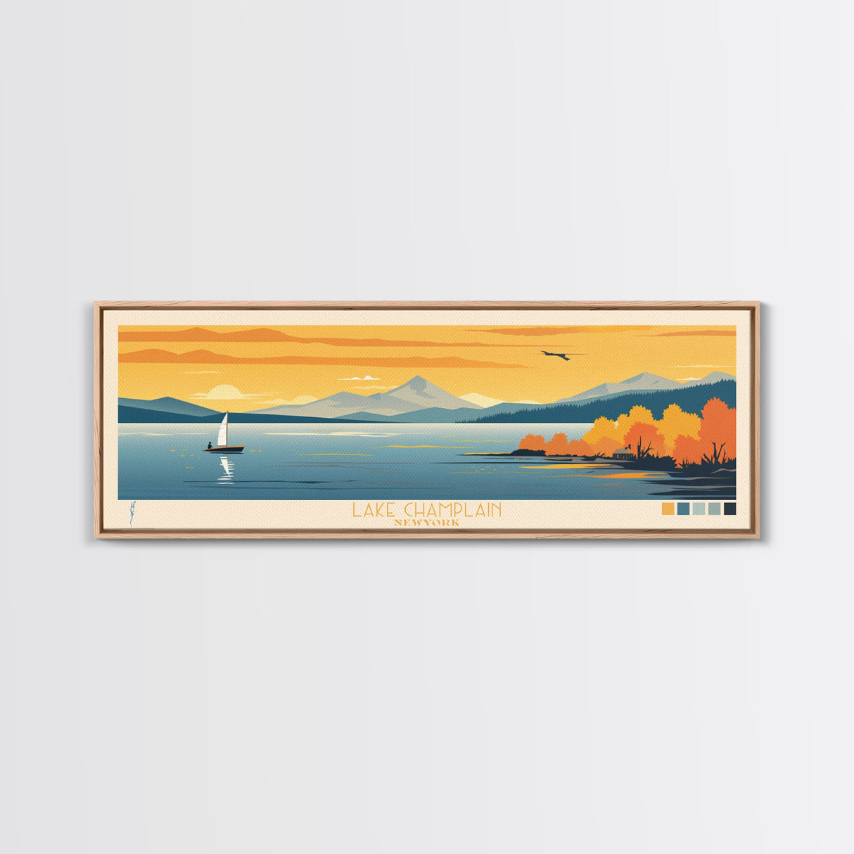 Lake Champlain New York Vermont Framed Canvas Print, Panoramic Art, Midcentury Modern, Pop Art, Living Room Wall Art, Travel Poster, Lake House Decor