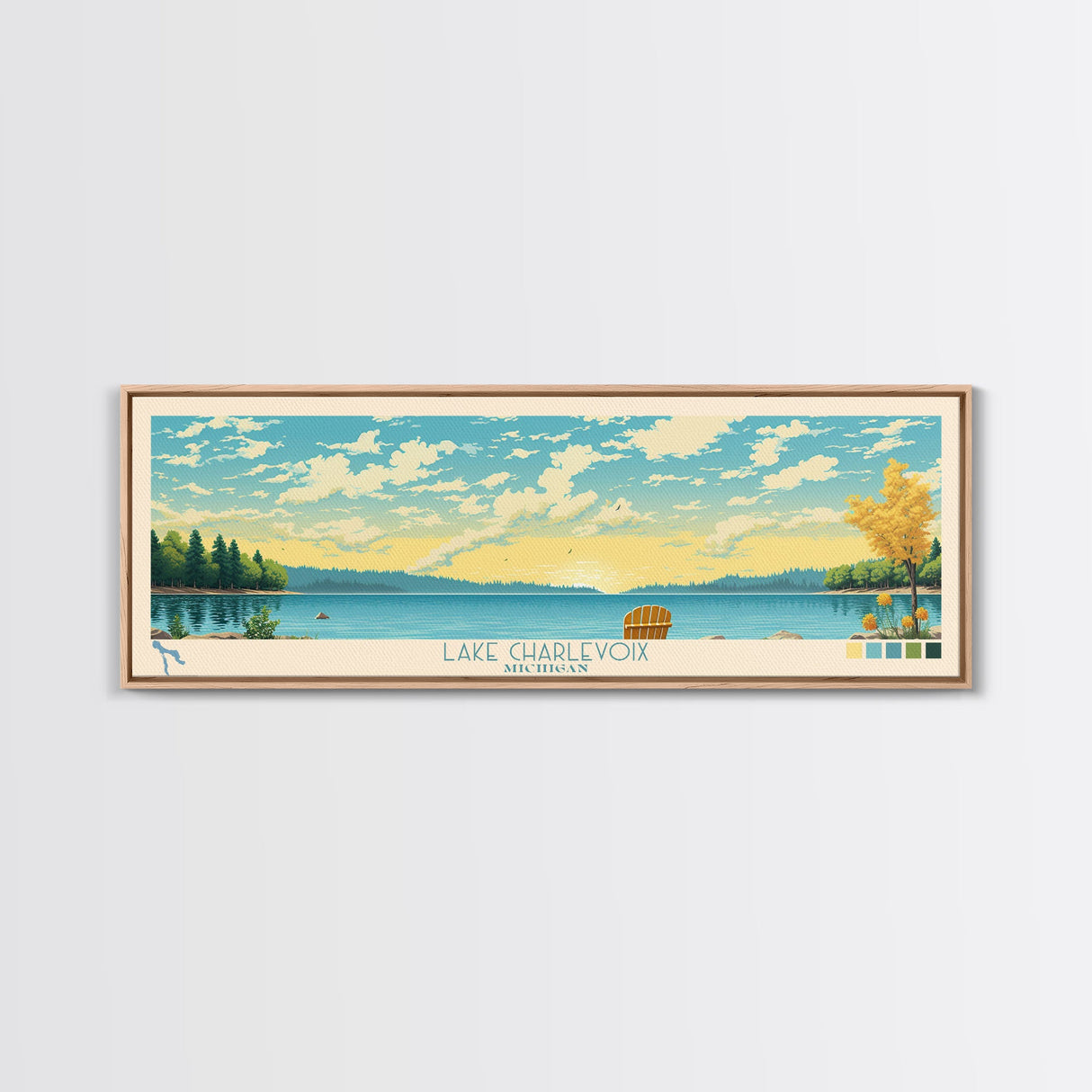 Lake Charlevoix Michigan Framed Canvas Print, Panoramic Wall Art, Midcentury Modern, Pop Art, Bedroom Decor, Travel Poster, Living Room Art