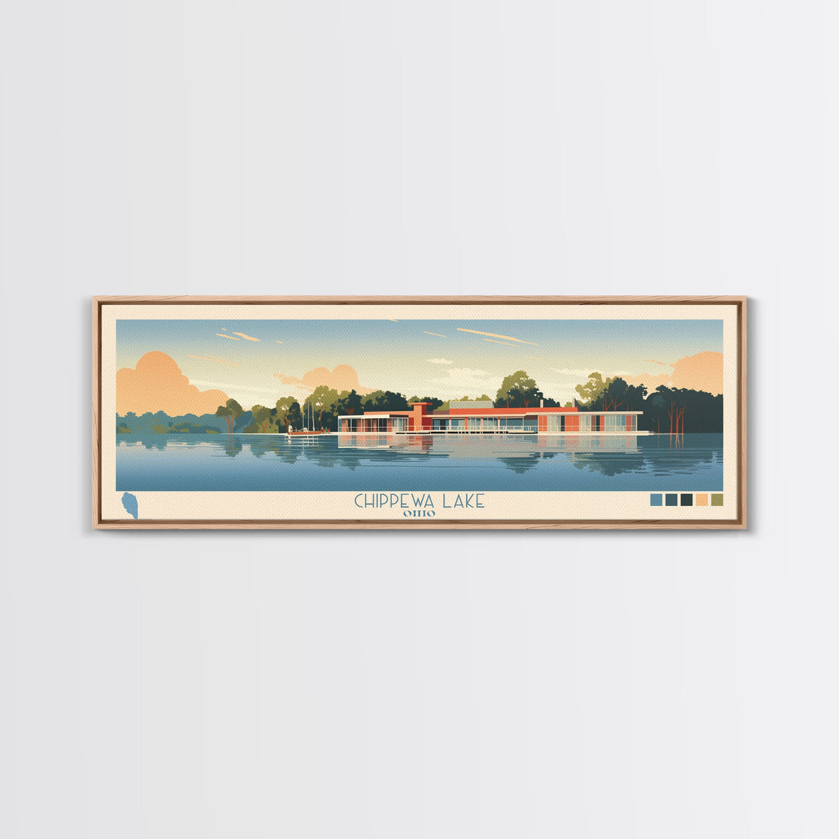 Lake Chippewa Framed Canvas Print, Panoramic Wall Art, Midcentury Modern, Pop Art, Bedroom Decor, Travel Poster, Living Room Art