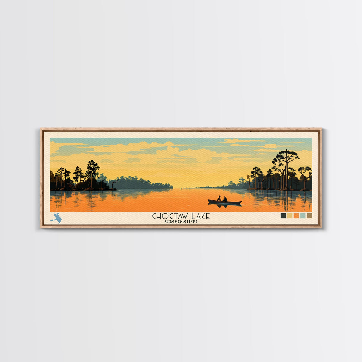 Lake Choctaw Framed Canvas Print, Panoramic Art, Midcentury Modern, Pop Art, Living Room Wall Art, Travel Poster, Lake House Decor