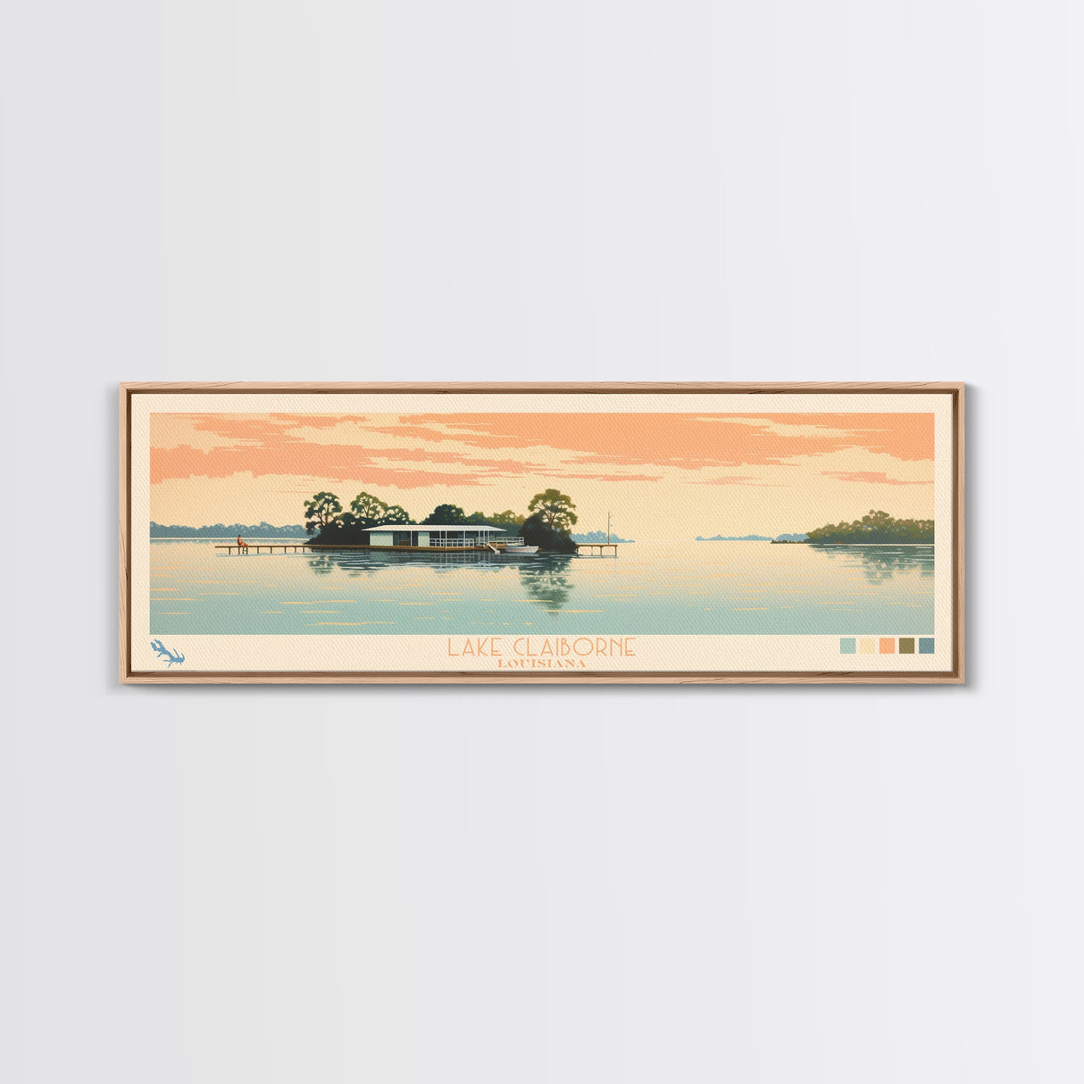 Lake Claiborne Louisiana Framed Canvas Print, Panoramic Wall Art, Midcentury Modern, Pop Art, Bedroom Decor, Travel Poster, Living Room Art