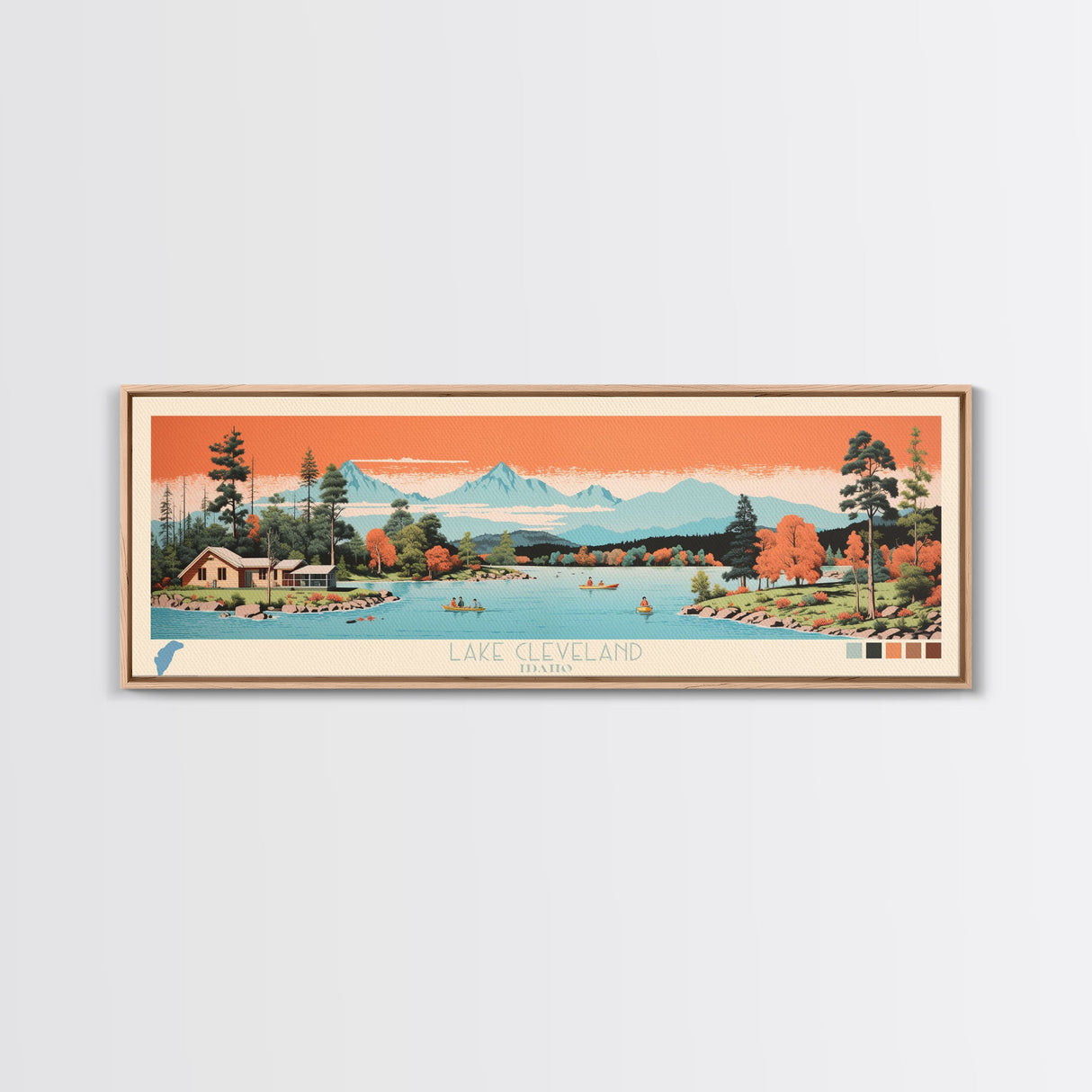 Lake Cleveland Idaho Framed Canvas Print, Panoramic Art, Midcentury Modern, Pop Art, Living Room Wall Art, Travel Poster, Lake House Decor