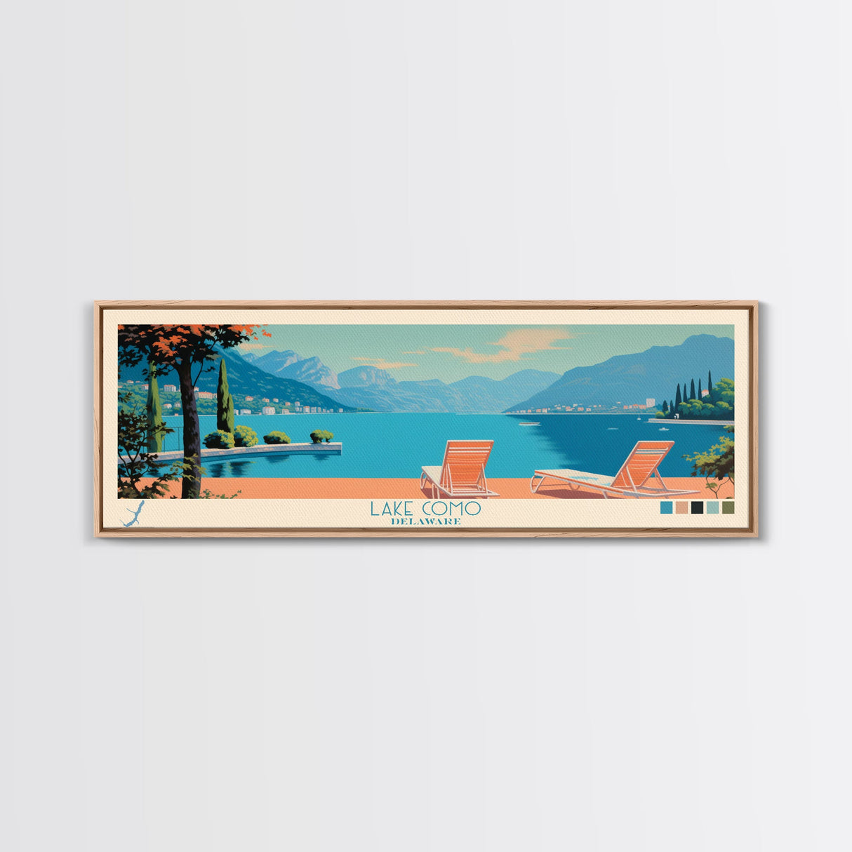 Lake Como Delaware Framed Canvas Print, Panoramic Wall Art, Midcentury Modern, Pop Art, Bedroom Decor, Travel Poster, Living Room Art