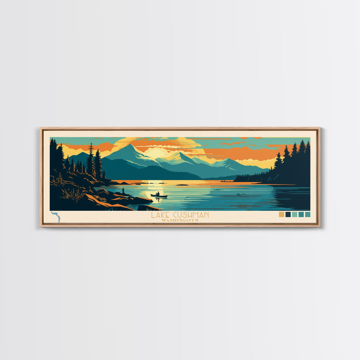 Lake Cushman Washington Framed Canvas Print, Panoramic Wall Art, Midcentury Modern, Pop Art, Bedroom Decor, Travel Poster, Living Room Art