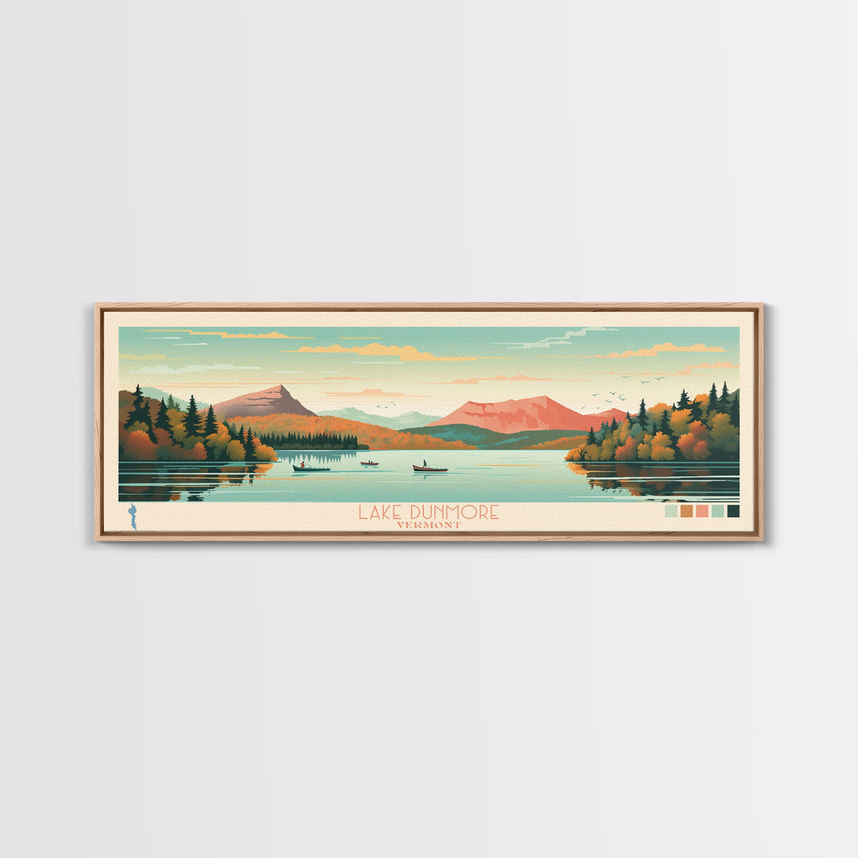 Lake Dunmore Vermont Framed Canvas Print, Panoramic Art, Midcentury Modern, Pop Art, Living Room Wall Art, Travel Poster, Lake House Decor