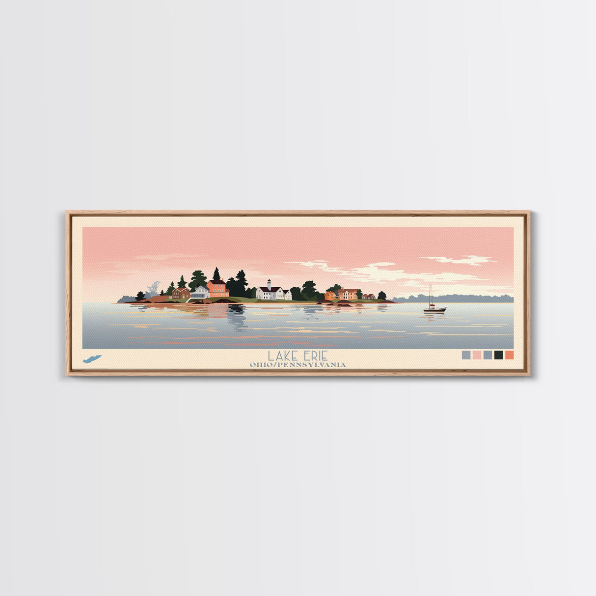 Lake Erie Ohio Pennsylvania Framed Canvas Print, Panoramic Art, Midcentury Modern, Pop Art, Living Room Wall Art, Travel Poster, Lake House Decor